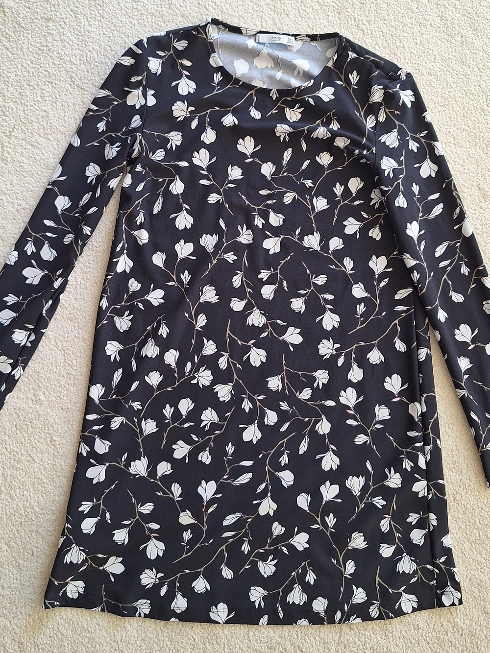 Mango Black Floral Shift Dress with Cream Blossom Print